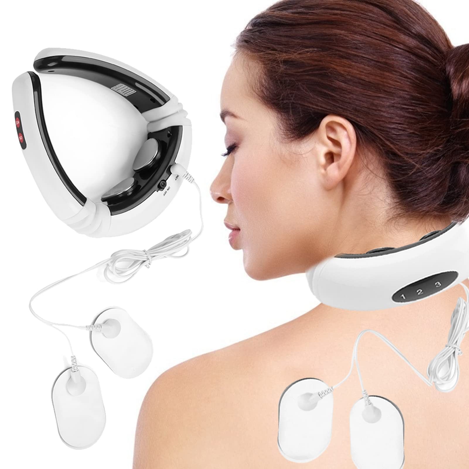 Electric Neck Massager 6 Modes with Body Pulse Patches Portable and Soothing Electric Pulse Neck Massager for Pain Relief Deep Tissue Massage Shoulder Back Cervical Vertebra Massage for Home Office Car Use