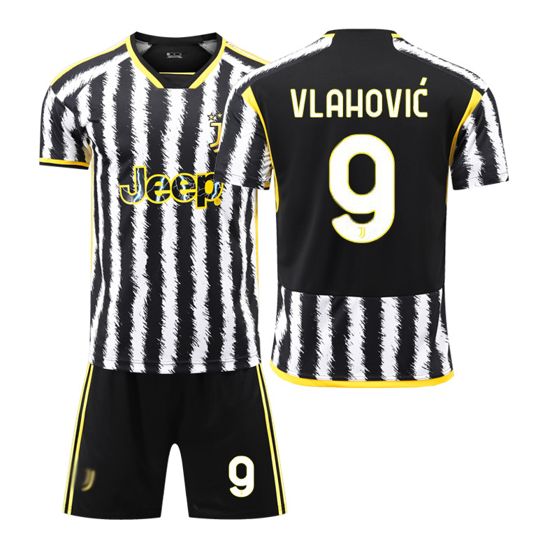 (Kids 16) 2324 Juventus Home No.9 Vlahovic Kids Adult Football Kit Jersey Shirt Set Juv Boys Training T-shirt