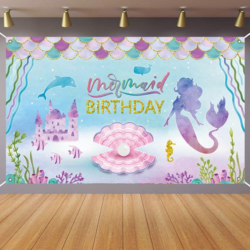 Mermaid Backdrop for Girls Birthday Mermaid Birthday Banner Mermaid Birthday Party Decorations Photography Background
