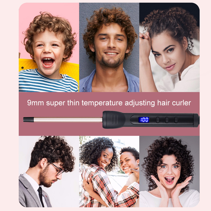 9mm Thin Hair Curling Wand Small Hair Curling Iron Hair Curler for Short and Long Hair Fast Heating Ceramic Tourmaline Long Barrel with LED Display
