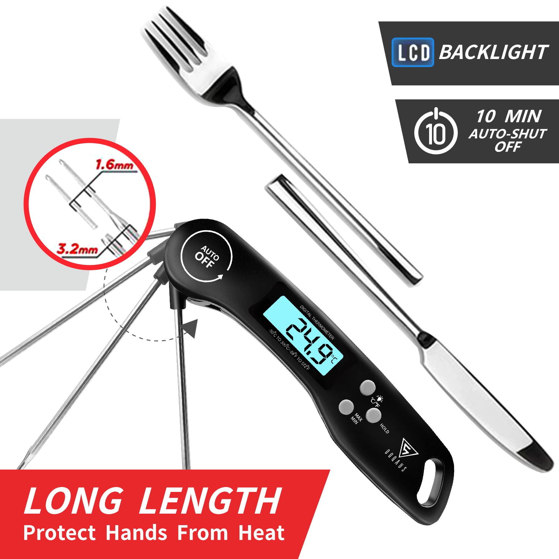 (Black) DOQAUS Digital Meat Thermometer Instant Read Food Thermometer with Backlight LCD Screen Foldable Long Probe Auto On Off Perfect for Kitchen BBQ Water Meat Milk Cooking Food