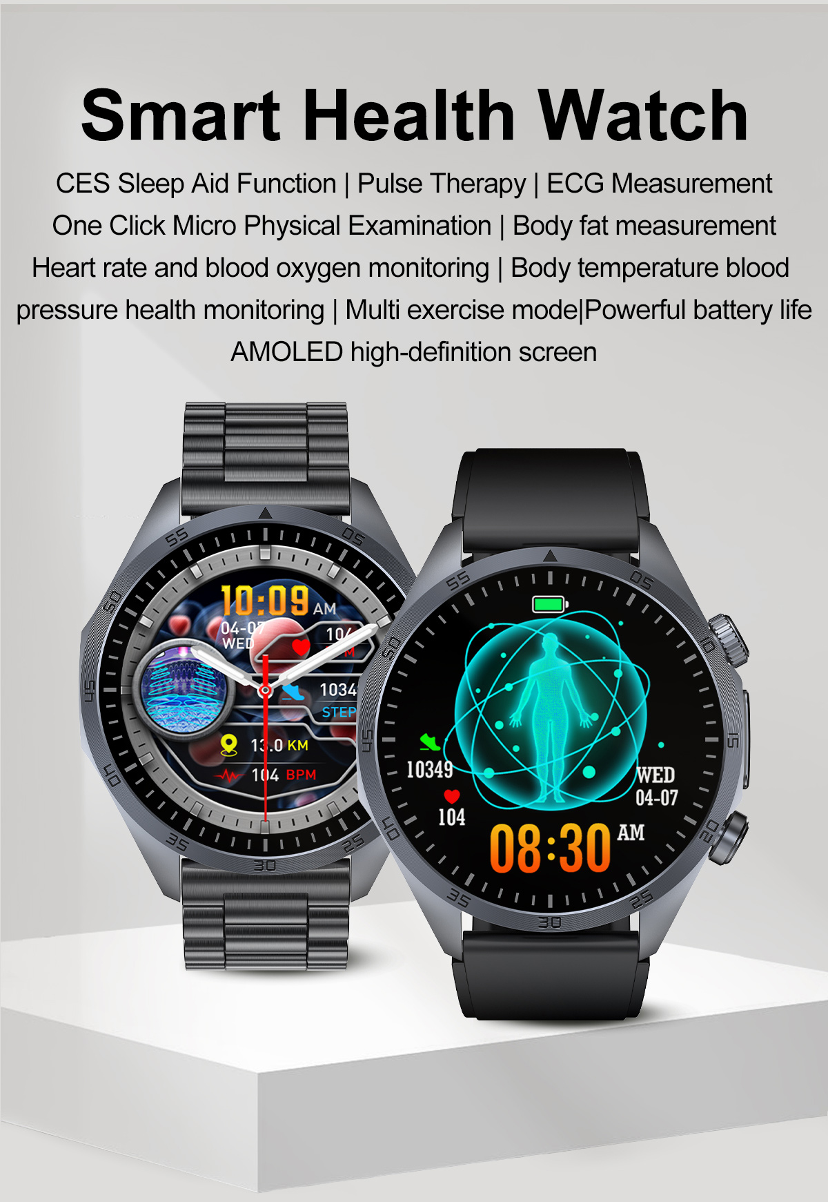 (Black Silicone	) Smart Watch Pulse Therapy Massage CES Sleep Aid ECG Blood Pressure Health Monitoring Bluetooth Call Outdoor Sport Fitness Tracker Men Women Smartwatch