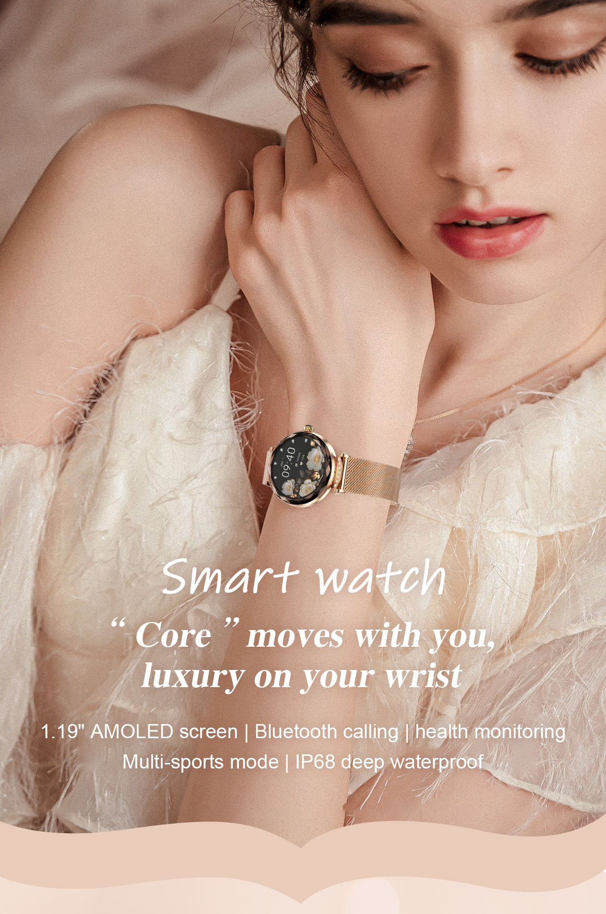 (Gold) Lady Smart Watch Fashion 1.19 Inch AMOLED BT Call Women Female IP68 Smartwatch