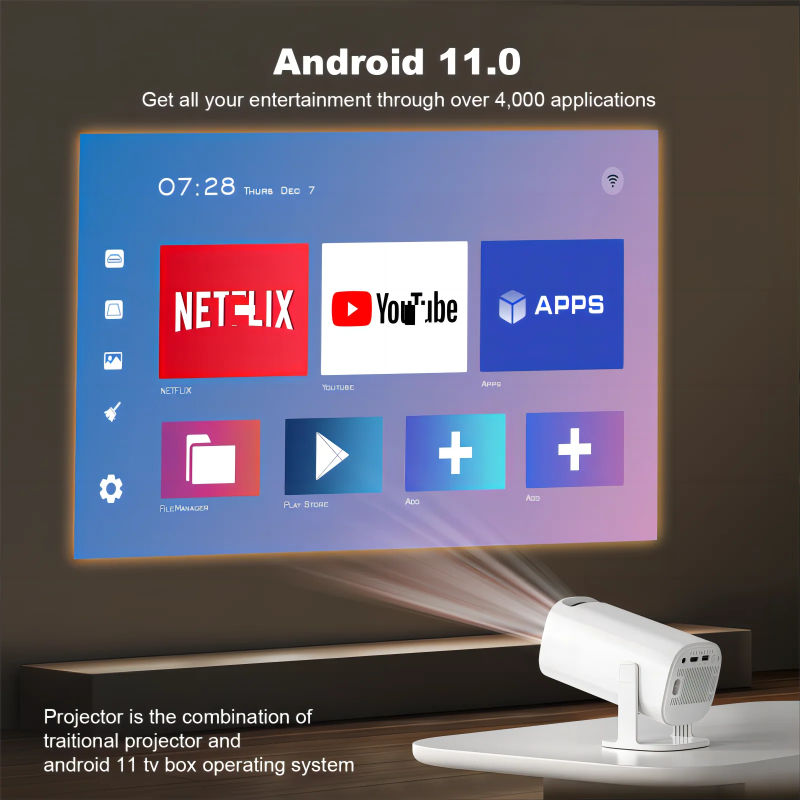 Game Projector Support 4K 1080P Android Portable Projector High Definition with 2 Wireless Game Controllers Video Game Console Home Theater Projector