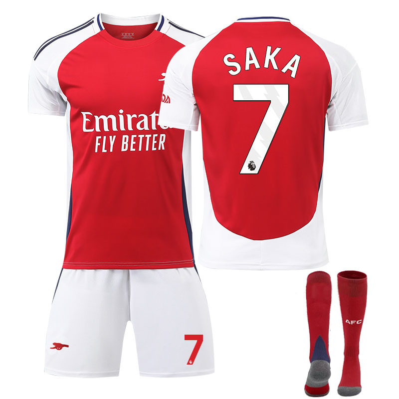 (Kids 16) 2425 Arsenal Home No. 7 Saka Football Kits Children Soccer Uniform Set Kids Jersey Set Shirt Shorts Socks Soccer Jersey for Sports Fans Boys Girls