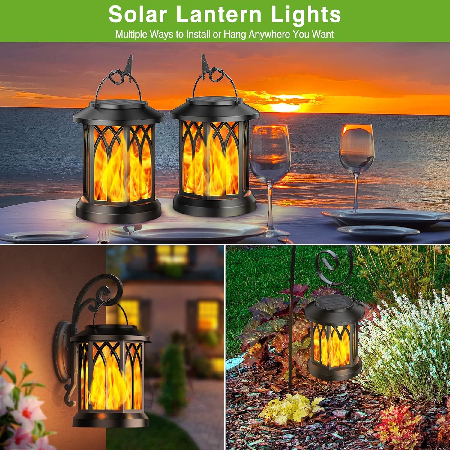 2 Pack Solar Lights Outdoor Garden  Hanging Solar Lanterns with Realistic Flickering Flame LED