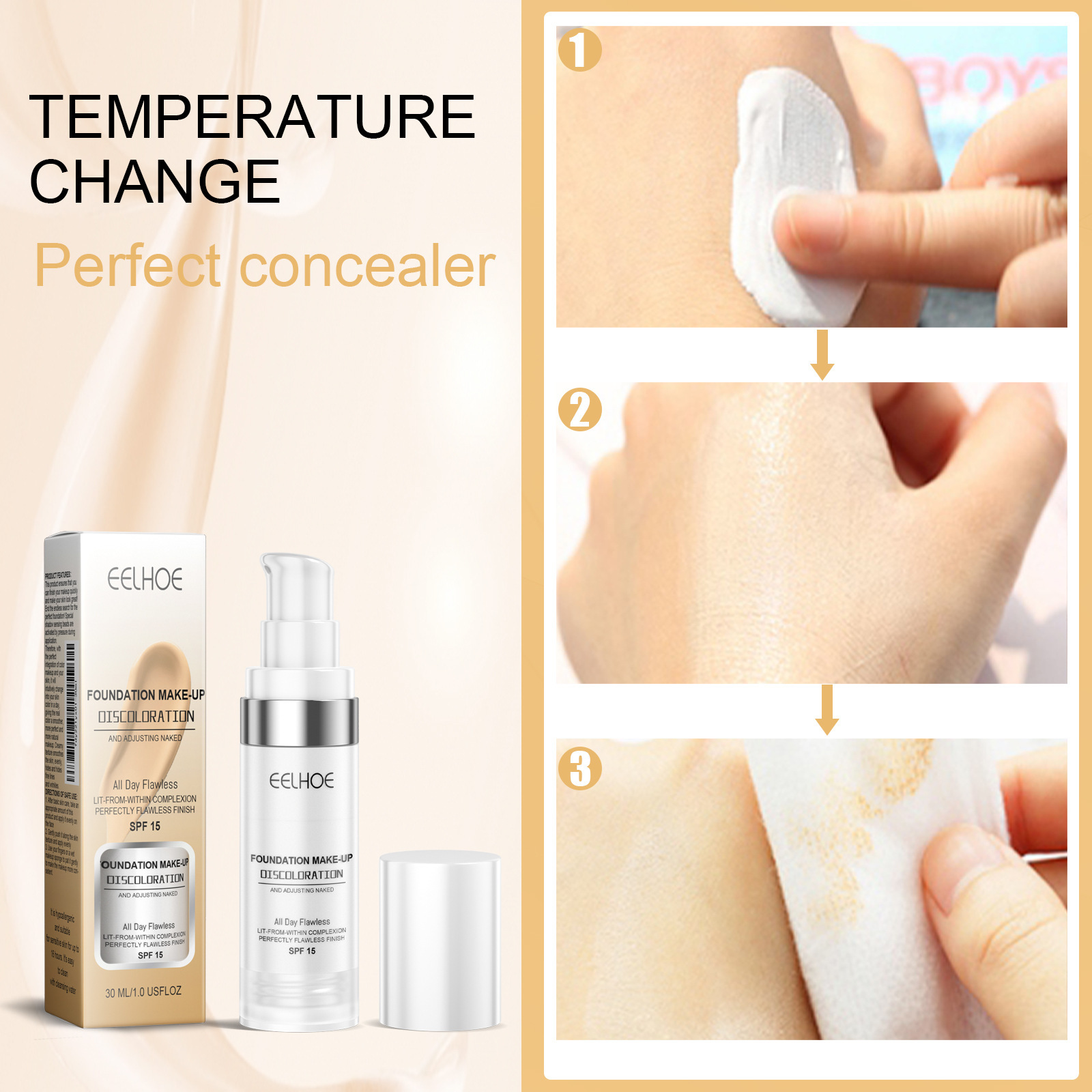 3pcs Temperature Change Liquid Foundation Concealer Long Lasting Smear-Proof Makeup Moisturizing Brightening Color Concealer