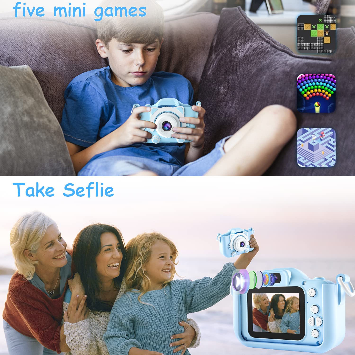 (Blue) Kids Digital Camera Video Camcorder Shockproof Rechargeable with 32GB SD Card Cartoon Soft Silicone Case for Outdoor Play Toys Christmas Birthday Festival Gifts for Child Toddler