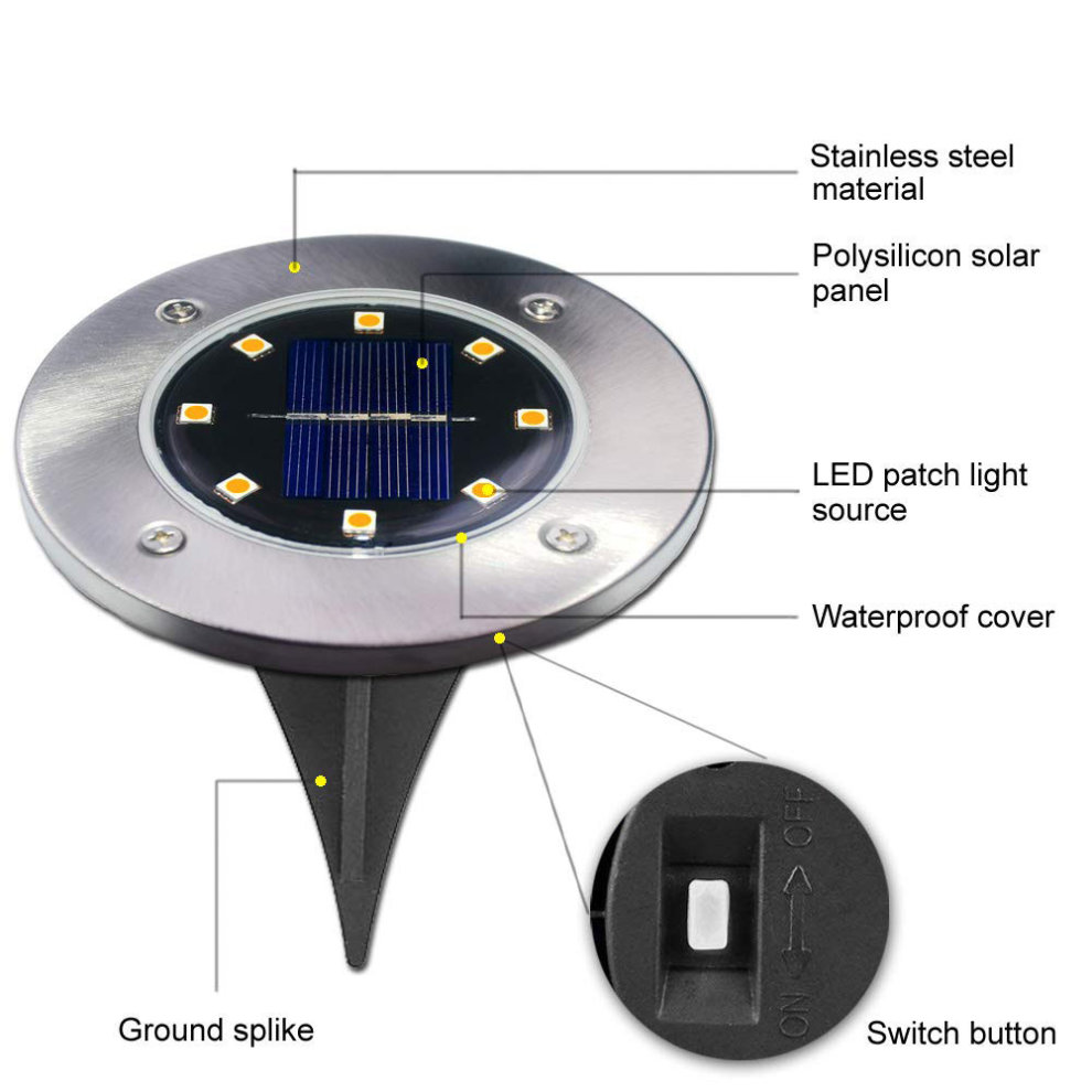 4Pcs 8LED Solar Power Ground Light Floor Deck Outdoor Garden Law Warm White