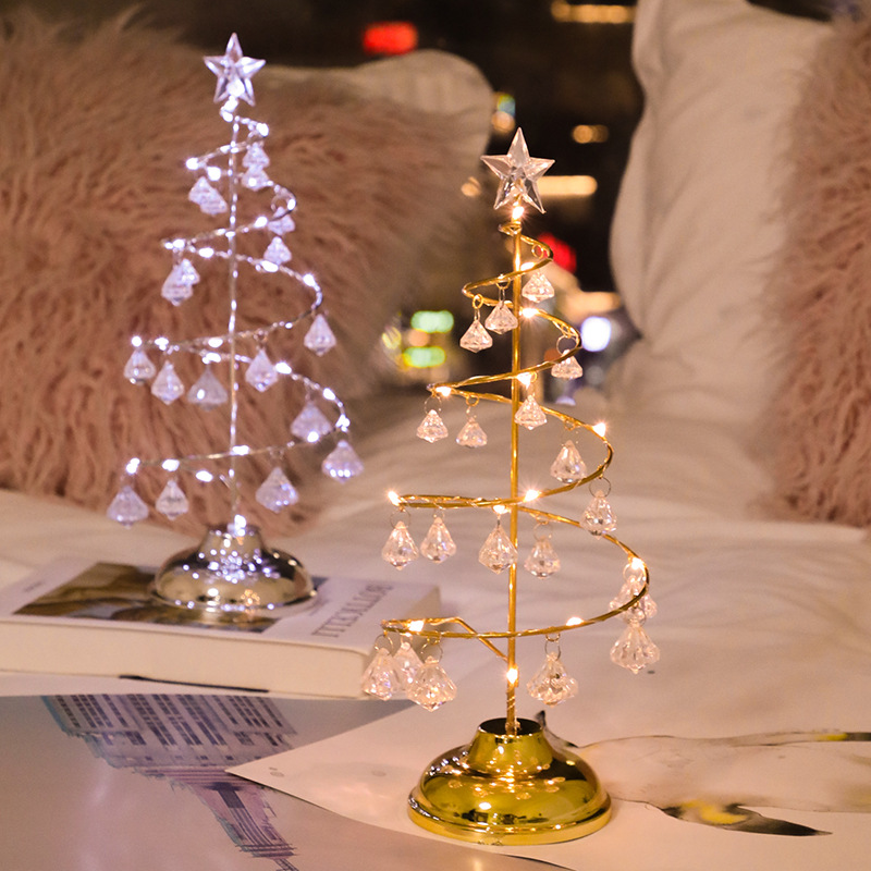 (Silver) Christmas Crystal Tree Lights Led Lamp Metal Christmas Tree Night Light Gifts for Family