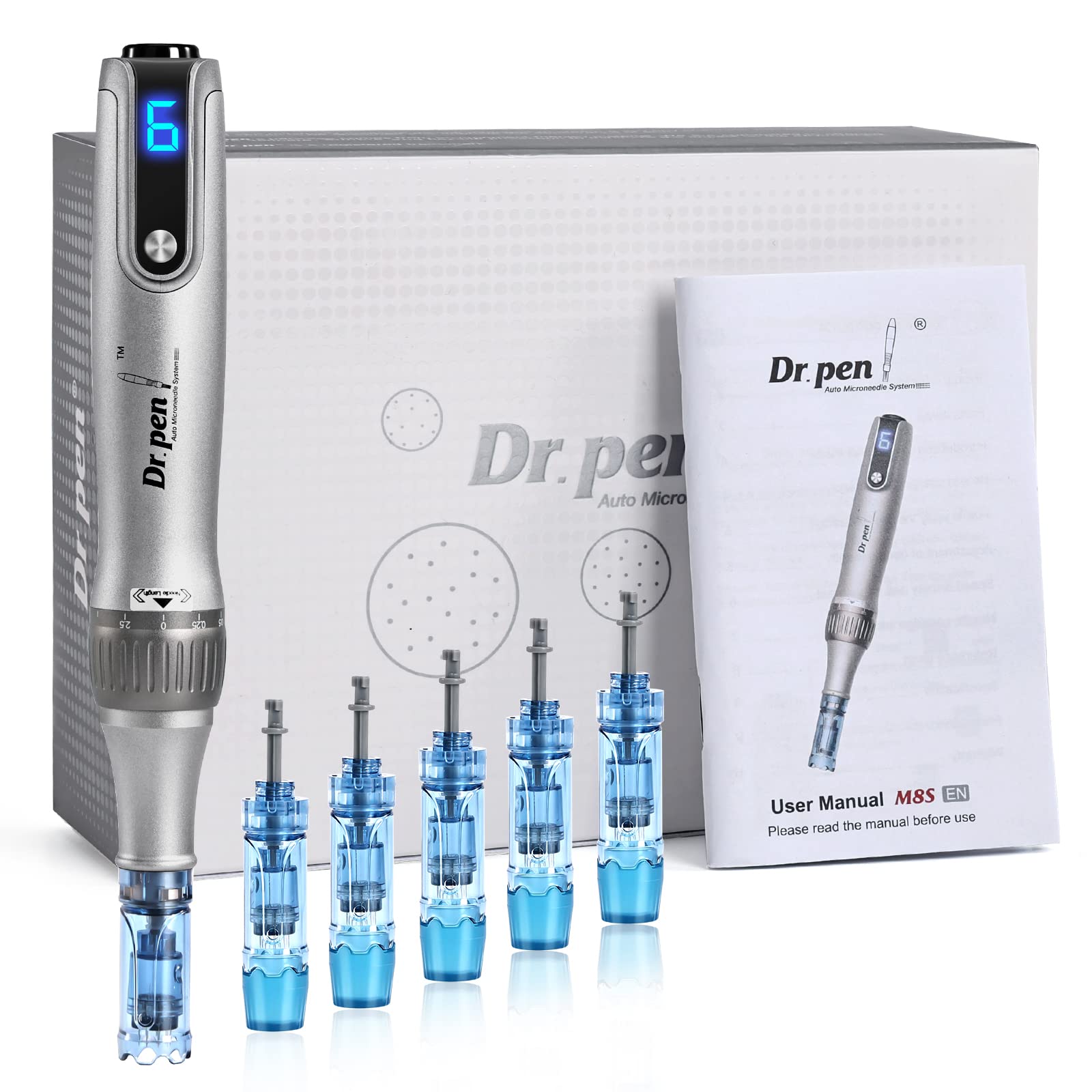 Dr.pen Microneedling Professional Dermapen M8S Wireless Derma Roller Pen with 6pcs 12PIN 36PIN Replacement Cartridges Needle 6 Speed Levels Adjustable