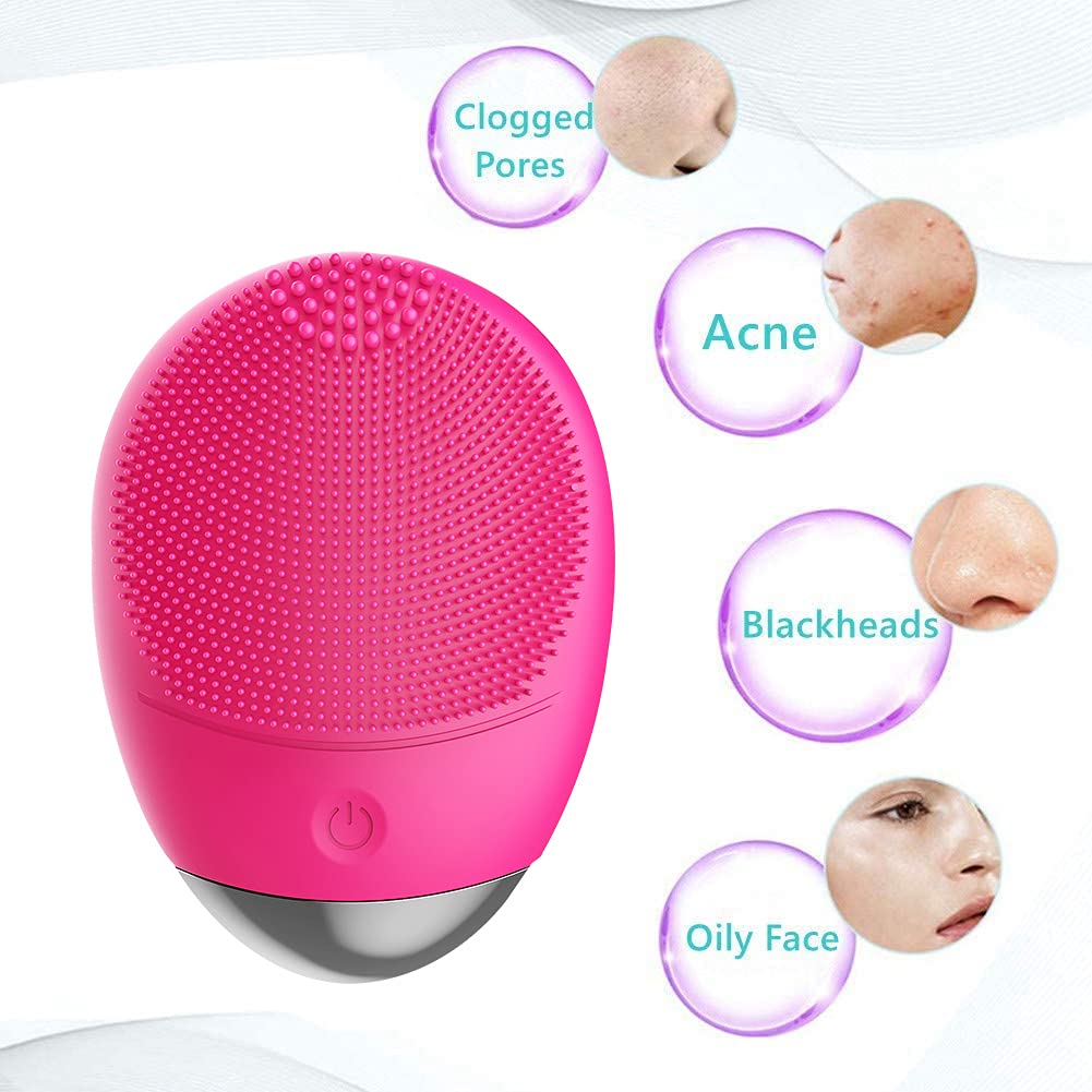 (Rose Red) Electric Silicone Face Cleanser Brush Scrubber Ultrasonic Vibrating Facial Cleansing Brush Facial Massager Tool for Exfoliating Removing Blackhead