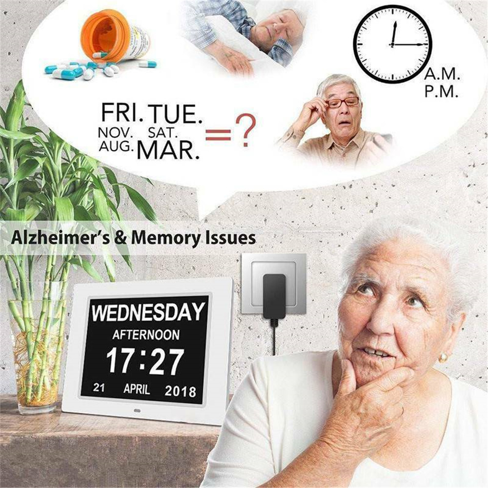 (White) Dementia Clock 8 Inches Calendar Date Clock Memory Loss Day Clock Extra Large Non-Abbreviated Day Month Digital Clock