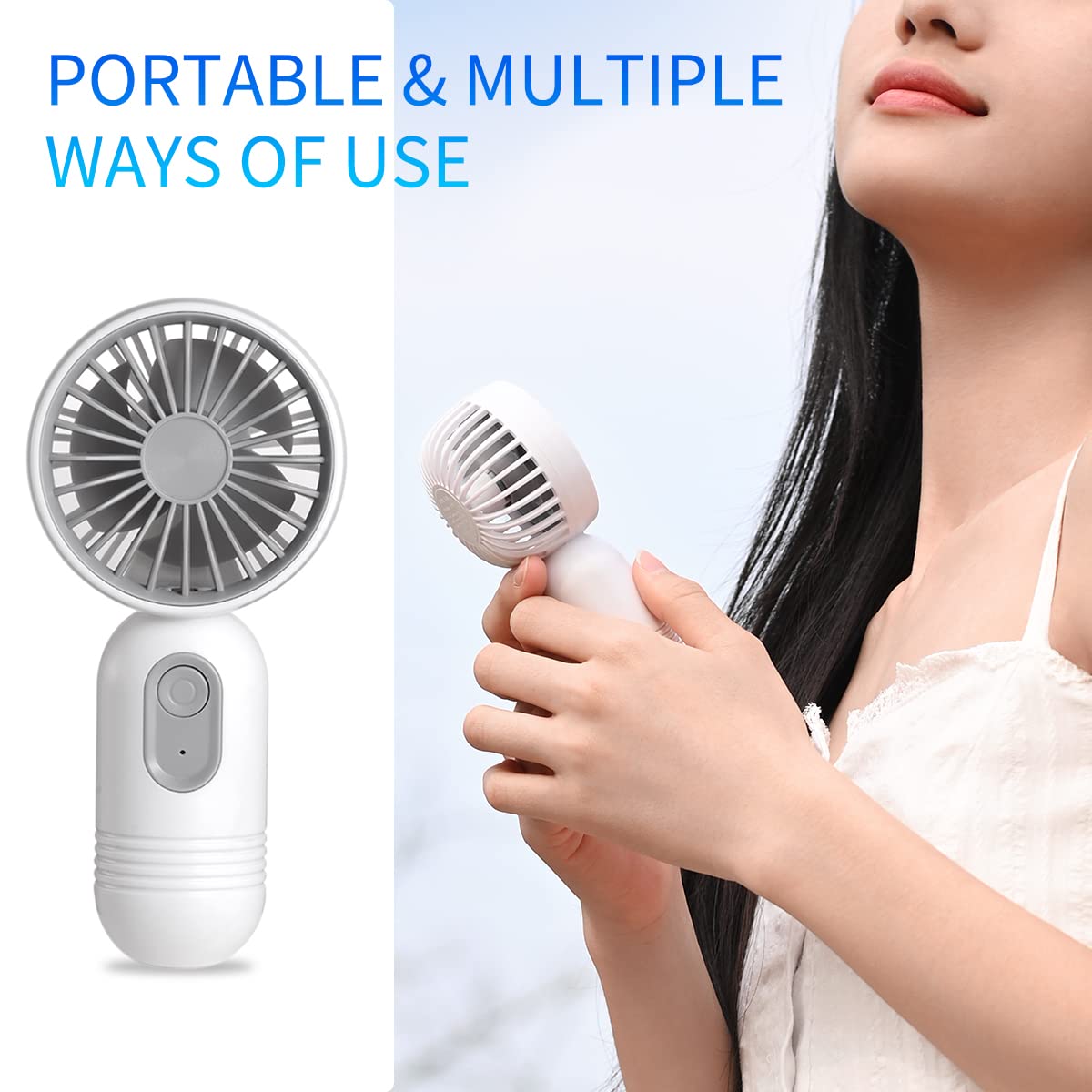 (Blue) Cute Handheld Fan Battery Operated Lightweight Small Personal Fan with 3 Speeds USB Rechargeable