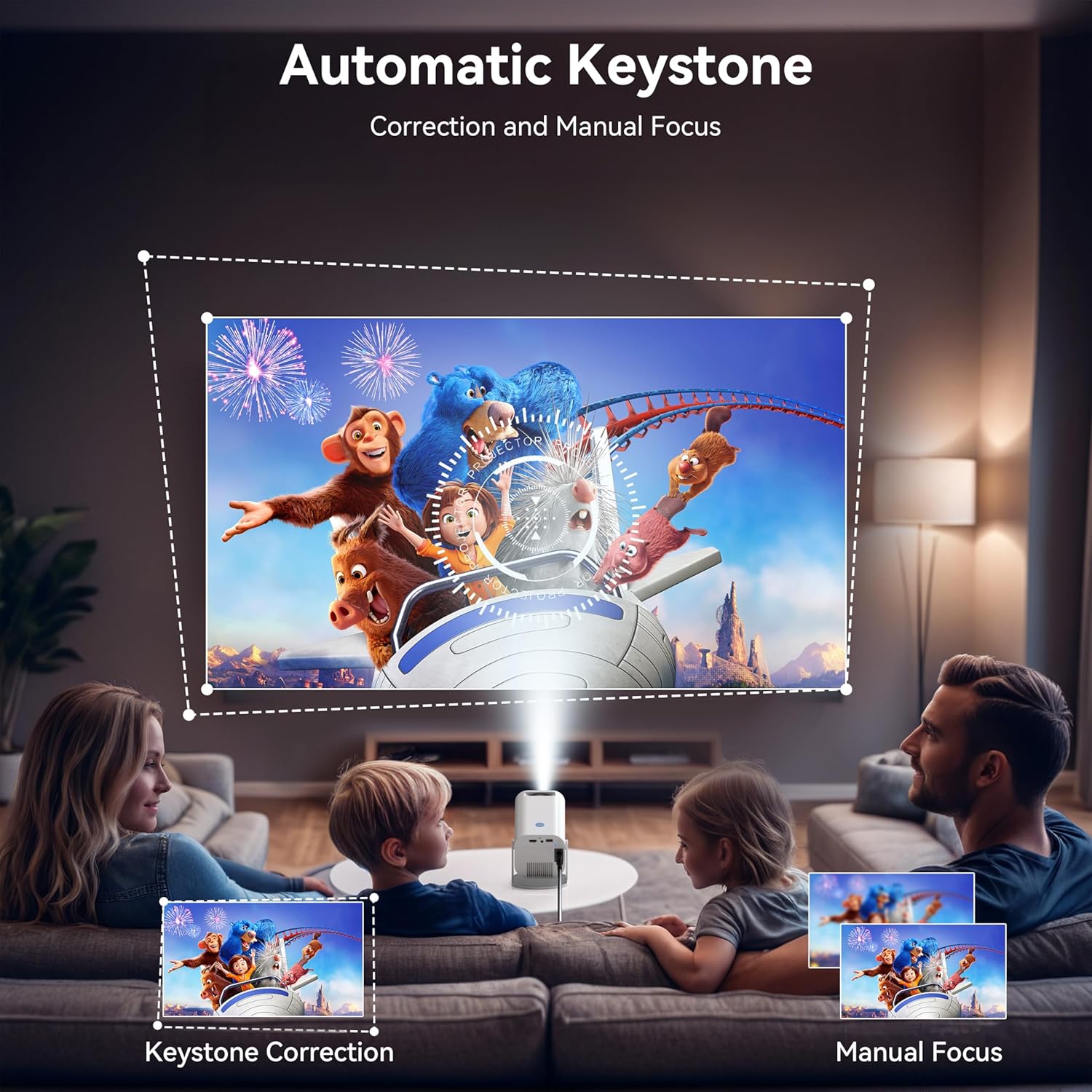 (White) Projector 4k 1080p Full HD Mini Projector with Auto Keystone Smart Projector with Android BT Mini Projector 4K with 150 Inch Display Rotation Portable Projector