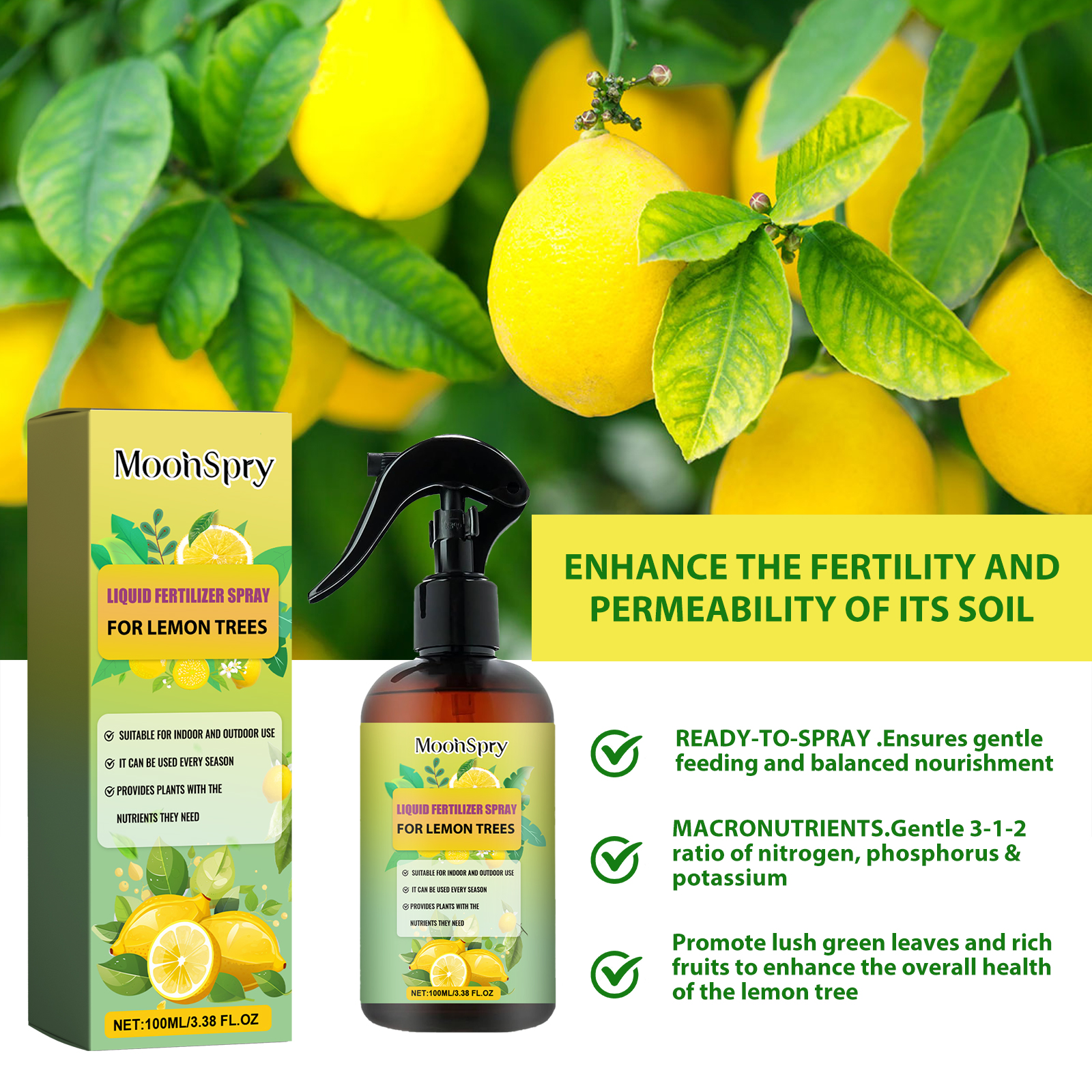 100ml Lemon Tree Fertilizer - Leaf Growth Nutrient & Root Stimulator, Plant Growth Promoter & Seedling Booster, Garden Food ﻿