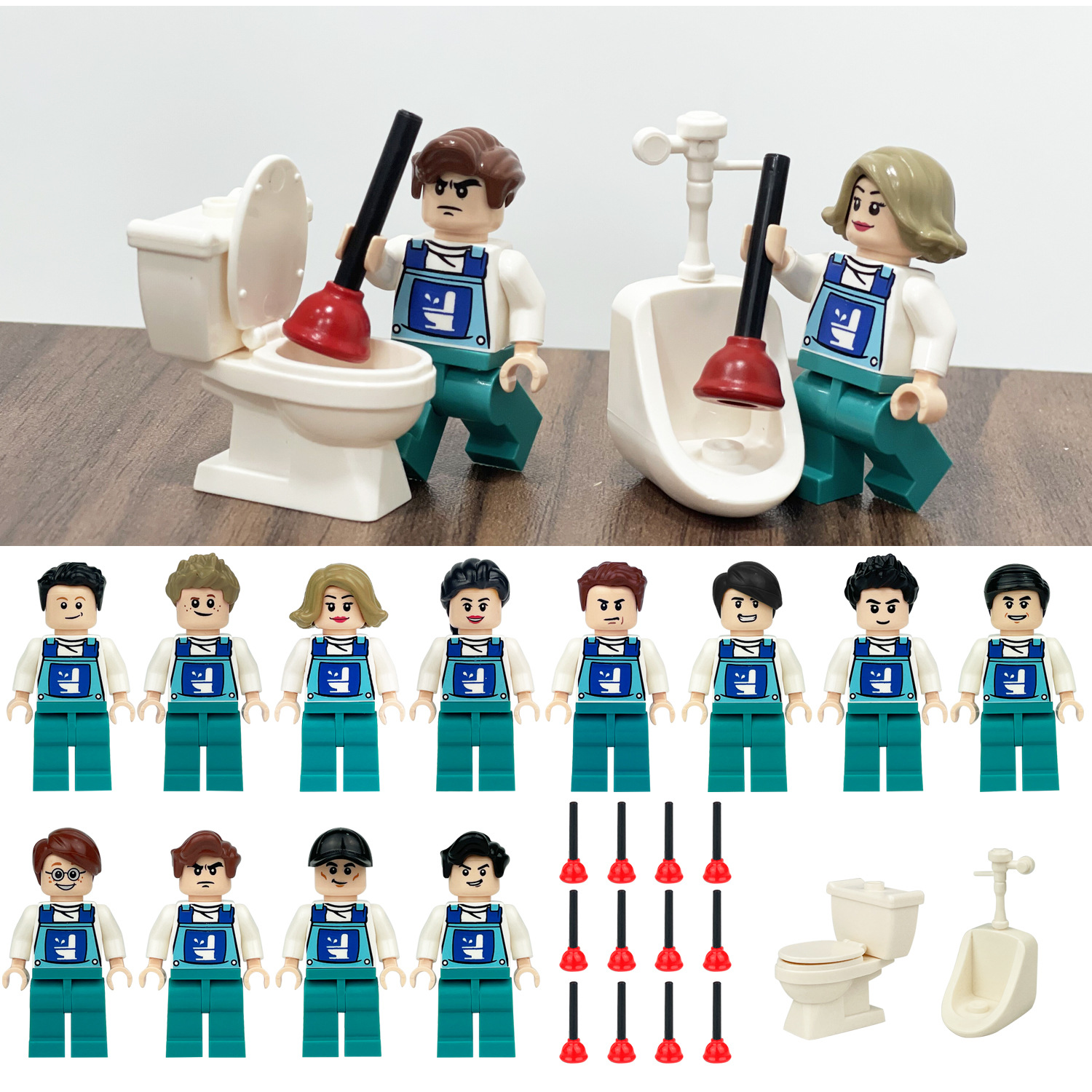 Cleaner Mini Figures Toilet Cleaner Set Building Blocks Toys Gift for Kids Party Supplies Collectible Series Education Toys