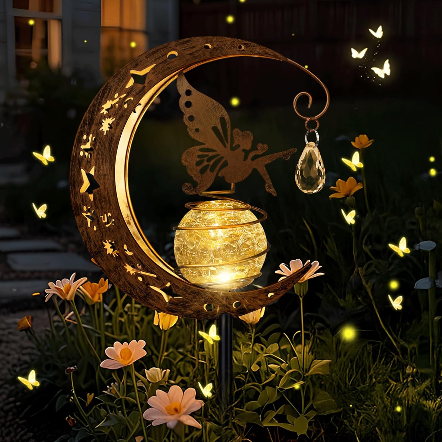 (Fairy) Solar Lights Outdoor Garden Ornaments IP65 Waterproof Moon Fairy Solar Crackle Glass Light, Metal Stake Lights Warm White LED for Walkway Patio Lawn Courtyard D