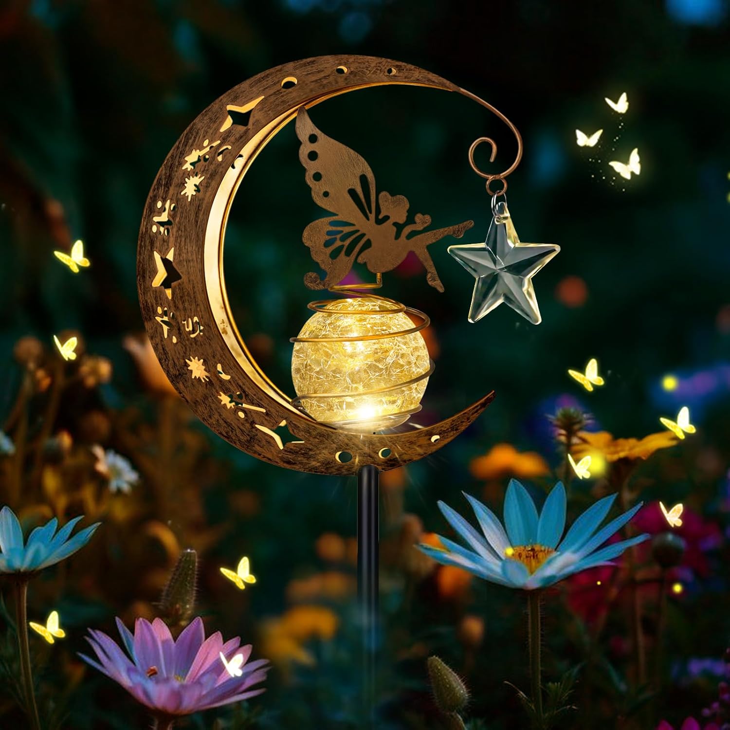 (Fairy) Solar Lights Outdoor Garden Ornaments IP65 Waterproof Moon Fairy Solar Crackle Glass Light, Metal Stake Lights Warm White LED for Walkway Patio Lawn Courtyard D