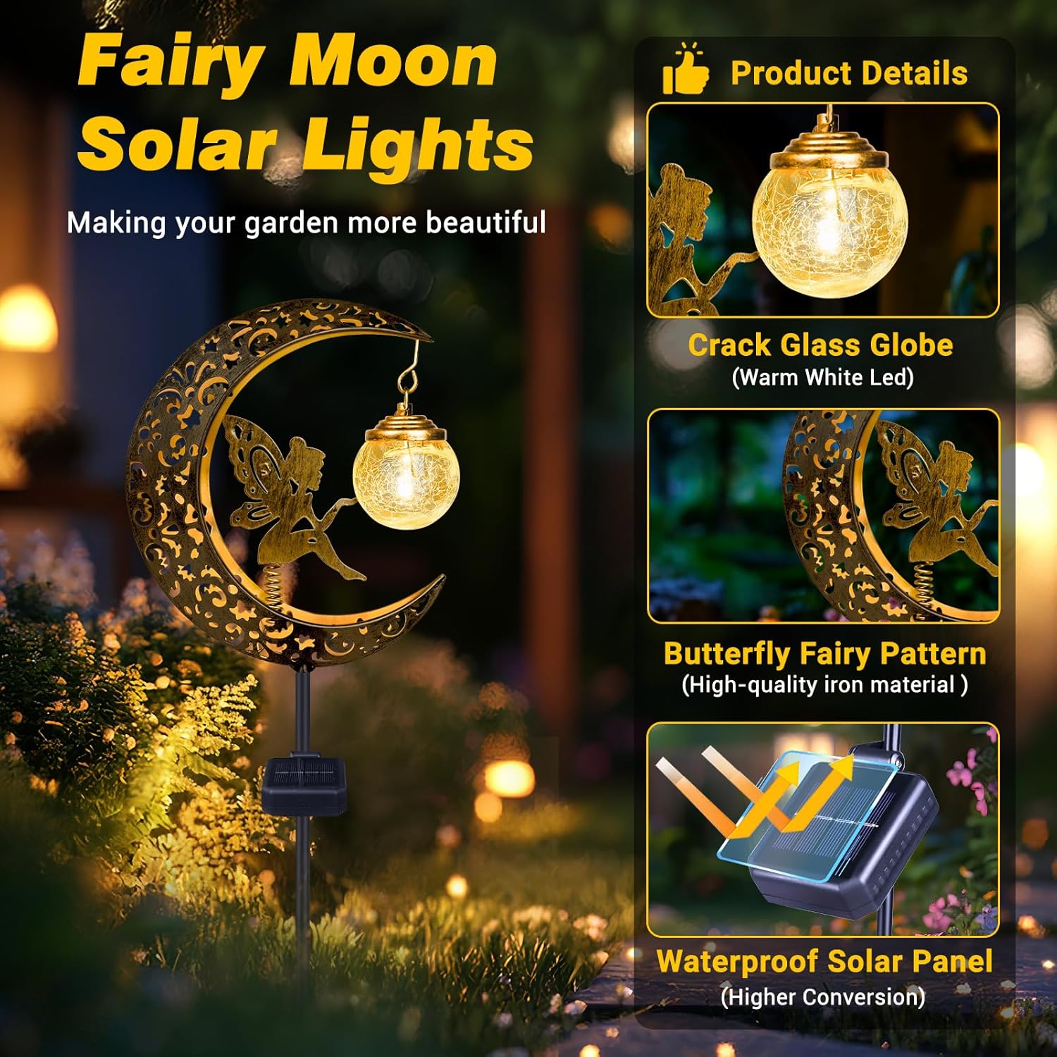 (Fairy) Solar Lights Outdoor Garden Ornaments IP65 Waterproof Moon Fairy Solar Crackle Glass Light, Metal Stake Lights Warm White LED for Walkway Patio Lawn Courtyard D