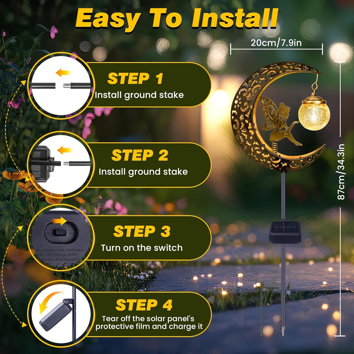 (Fairy) Solar Lights Outdoor Garden Ornaments IP65 Waterproof Moon Fairy Solar Crackle Glass Light, Metal Stake Lights Warm White LED for Walkway Patio Lawn Courtyard D