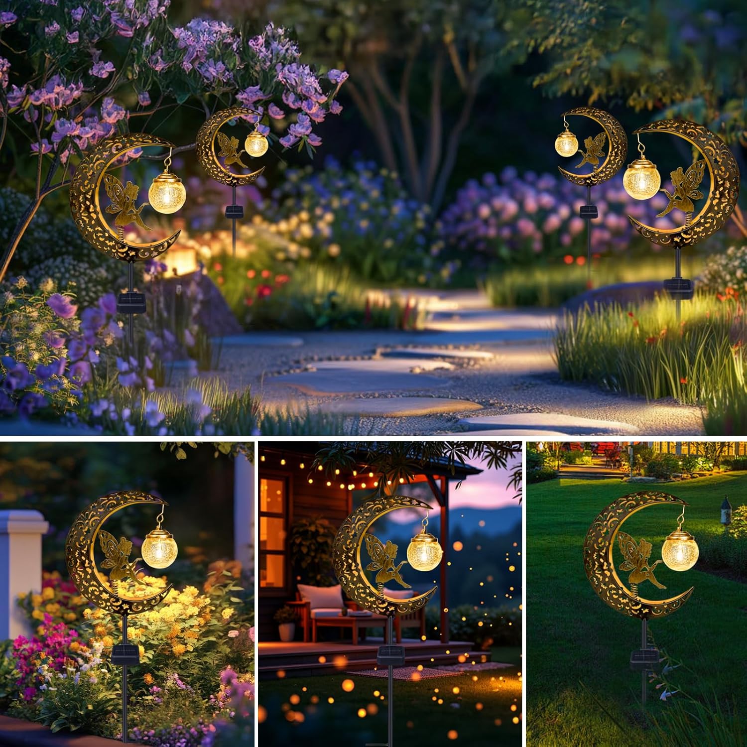 (Fairy) Solar Lights Outdoor Garden Ornaments IP65 Waterproof Moon Fairy Solar Crackle Glass Light, Metal Stake Lights Warm White LED for Walkway Patio Lawn Courtyard D