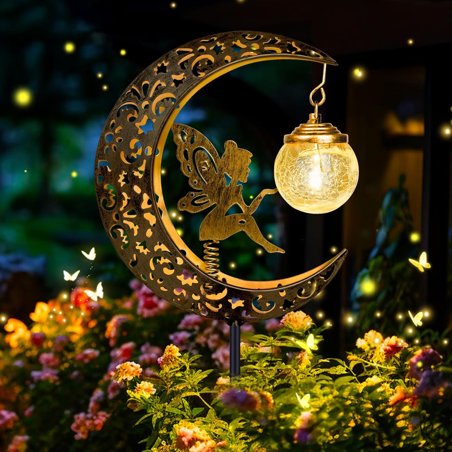 (Fairy) Solar Lights Outdoor Garden Ornaments IP65 Waterproof Moon Fairy Solar Crackle Glass Light, Metal Stake Lights Warm White LED for Walkway Patio Lawn Courtyard D
