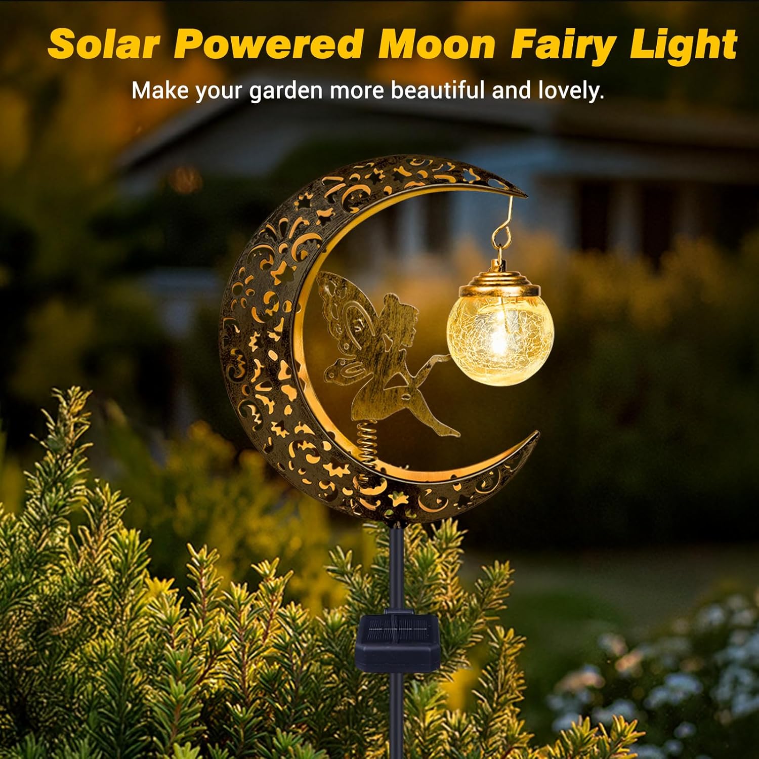 (Fairy) Solar Lights Outdoor Garden Ornaments IP65 Waterproof Moon Fairy Solar Crackle Glass Light, Metal Stake Lights Warm White LED for Walkway Patio Lawn Courtyard D