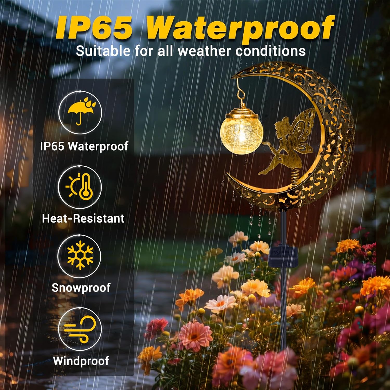 (Fairy) Solar Lights Outdoor Garden Ornaments IP65 Waterproof Moon Fairy Solar Crackle Glass Light, Metal Stake Lights Warm White LED for Walkway Patio Lawn Courtyard D