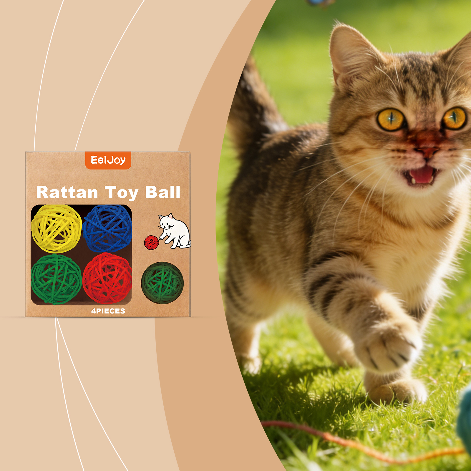 4pack Cat Toy Ball Wicker Rattan Interactive Kitten Self Play Boredom Relief Durable Colorful Exercise Indoor Entertainment ﻿