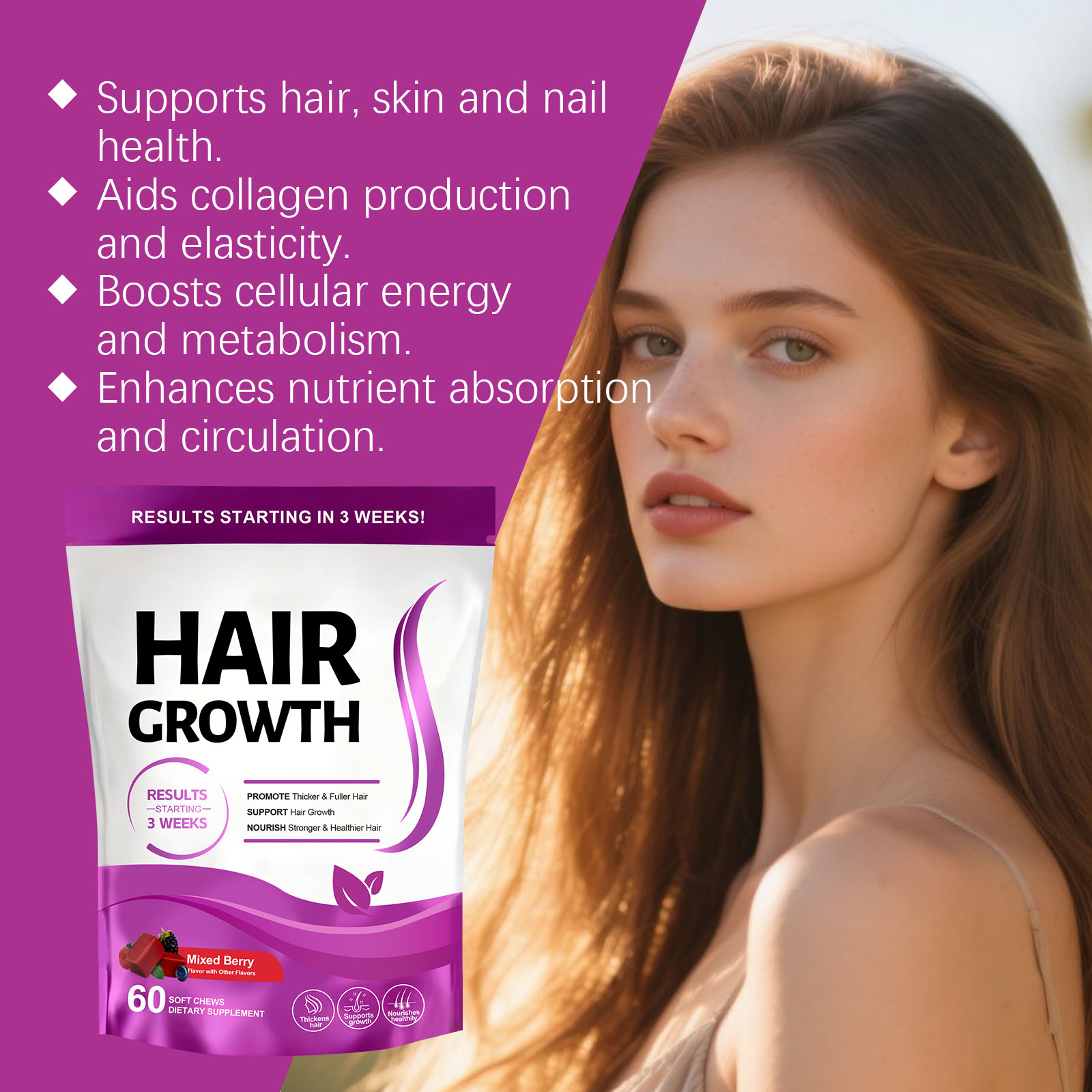 Hair Care Gummy Collagen Gentle Protect Scalp Daily Supplement Plump Nourish Hair Maintain Balance Soft Safe Natural Healthy Mild Rich
