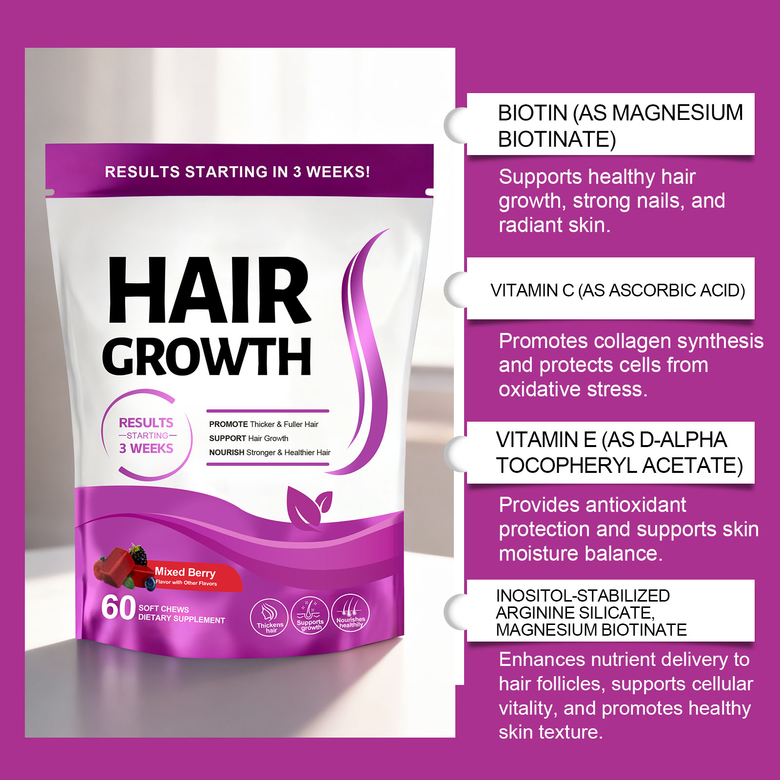 Hair Care Gummy Collagen Gentle Protect Scalp Daily Supplement Plump Nourish Hair Maintain Balance Soft Safe Natural Healthy Mild Rich