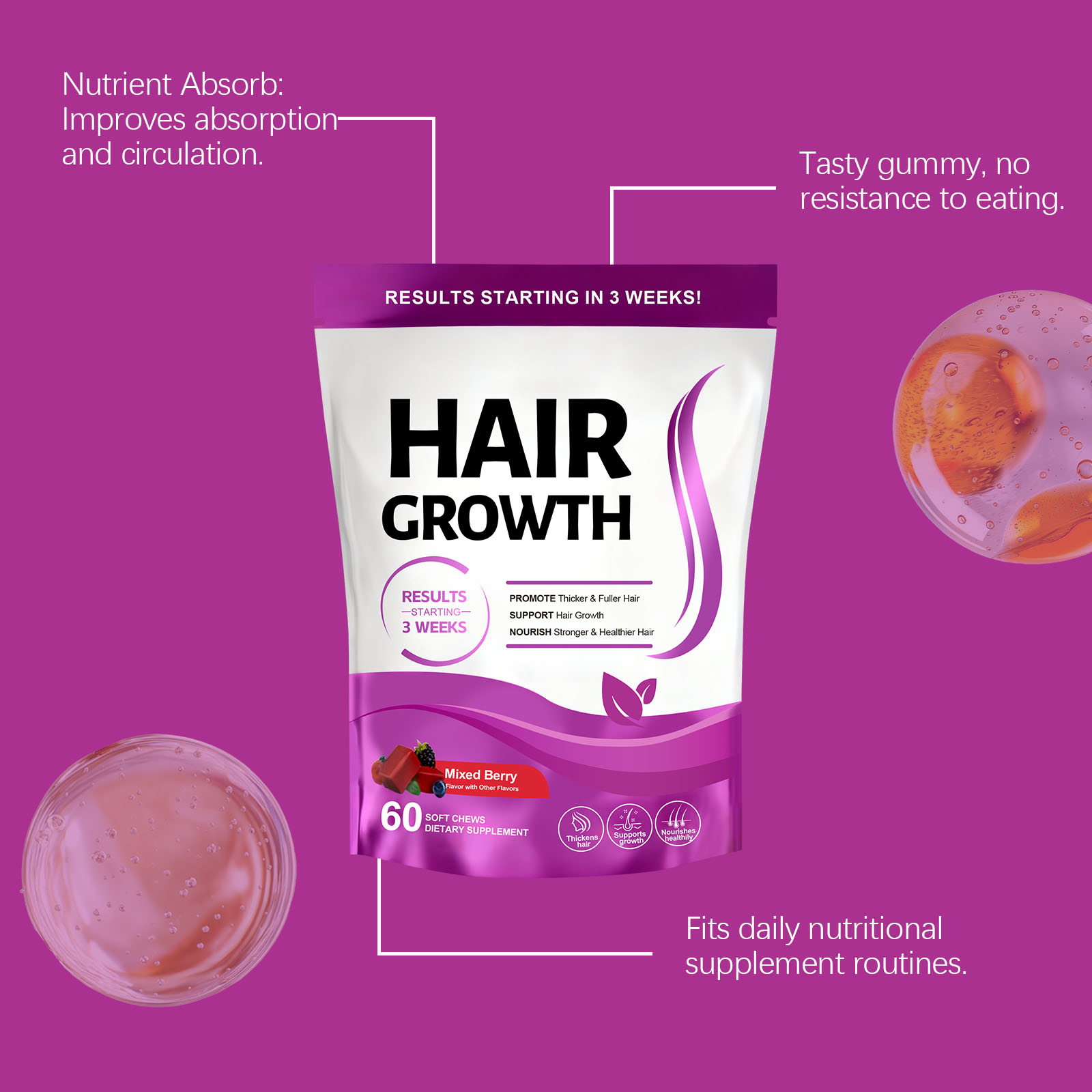 Hair Care Gummy Collagen Gentle Protect Scalp Daily Supplement Plump Nourish Hair Maintain Balance Soft Safe Natural Healthy Mild Rich