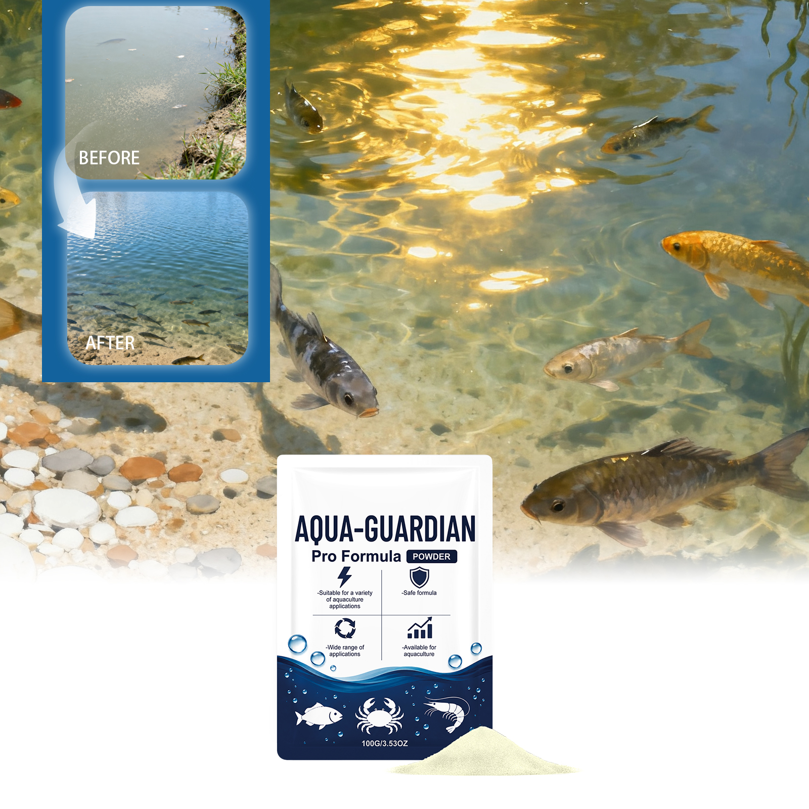 Water Clarifying Powder Fast Acting Universal Multi Species Aquaculture Supply For Fresh And Salt Water Farming