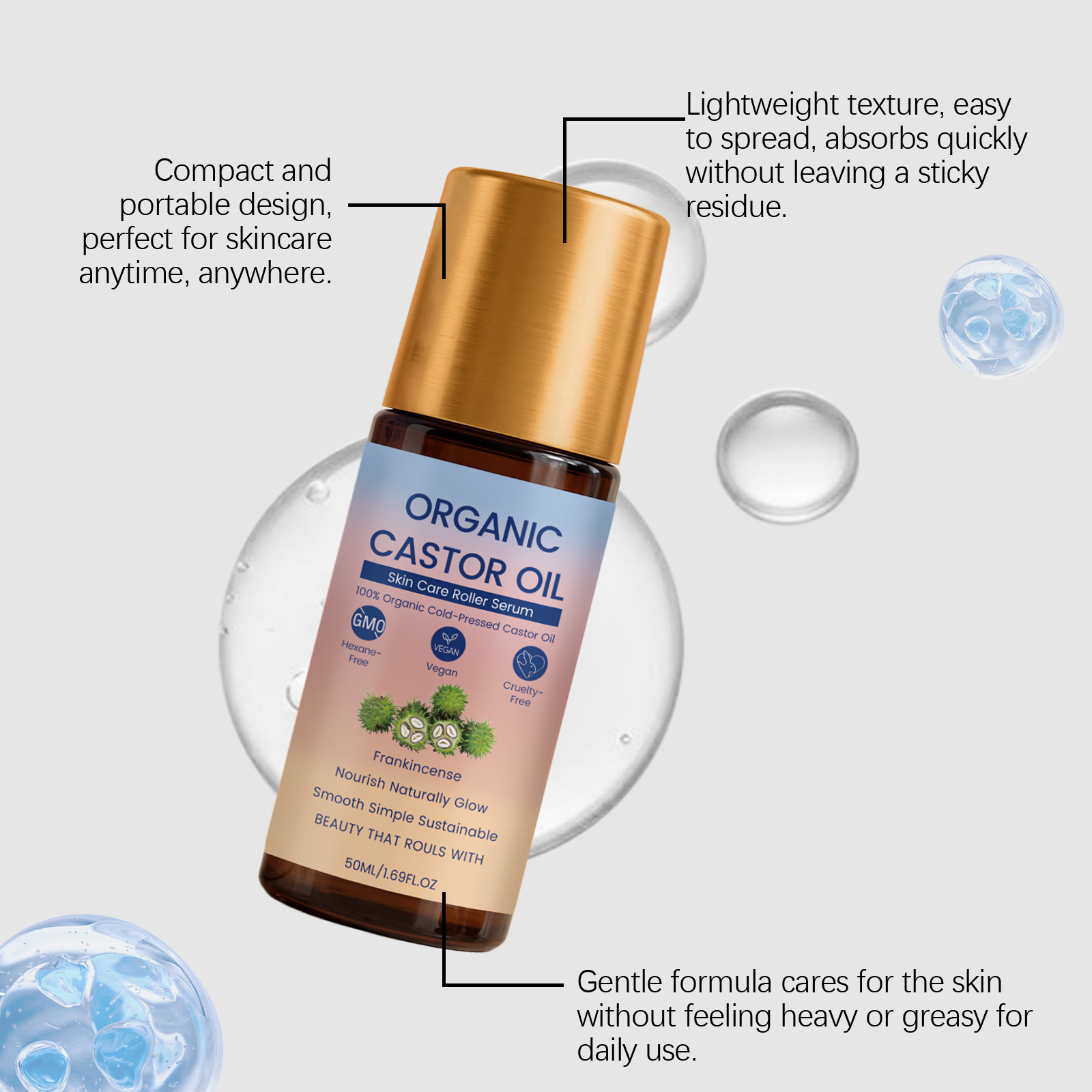 Castor Oil Care Roller Essence Mild Moisturizing Body Skin Hydrating Daily Care Serum