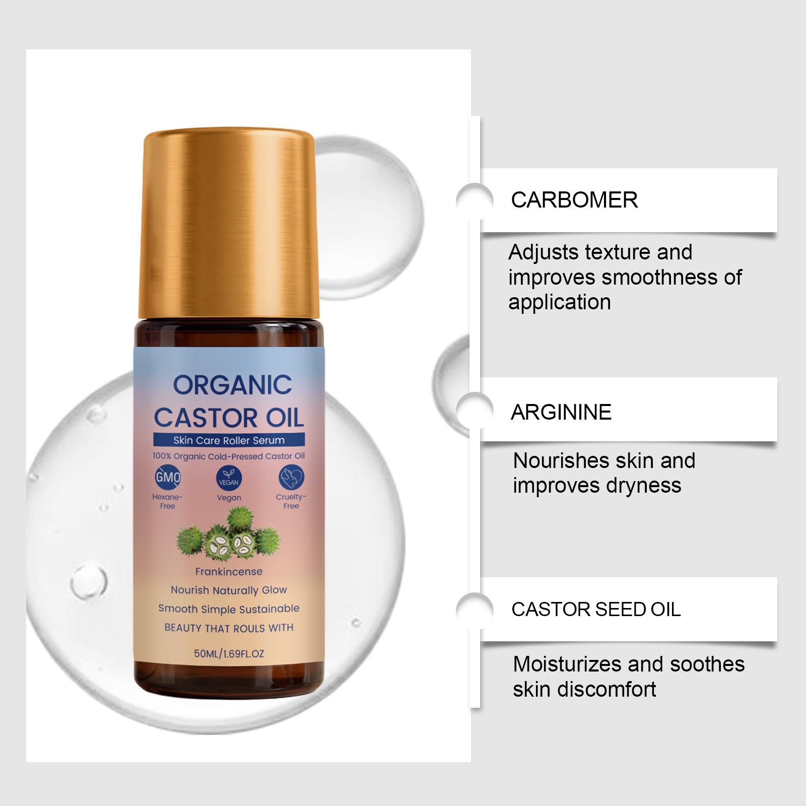 Castor Oil Care Roller Essence Mild Moisturizing Body Skin Hydrating Daily Care Serum