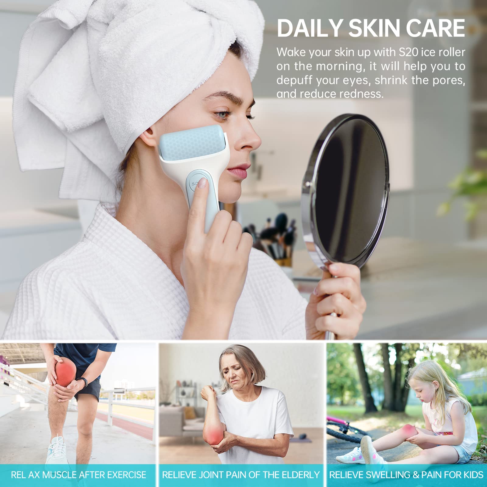Soicy S20 Ice Roller Facial Skin Care Tools Massager Self Care Product Personal Home Use for Face Eye Reduce Puffiness Migraine Pain Relief Minor Injury