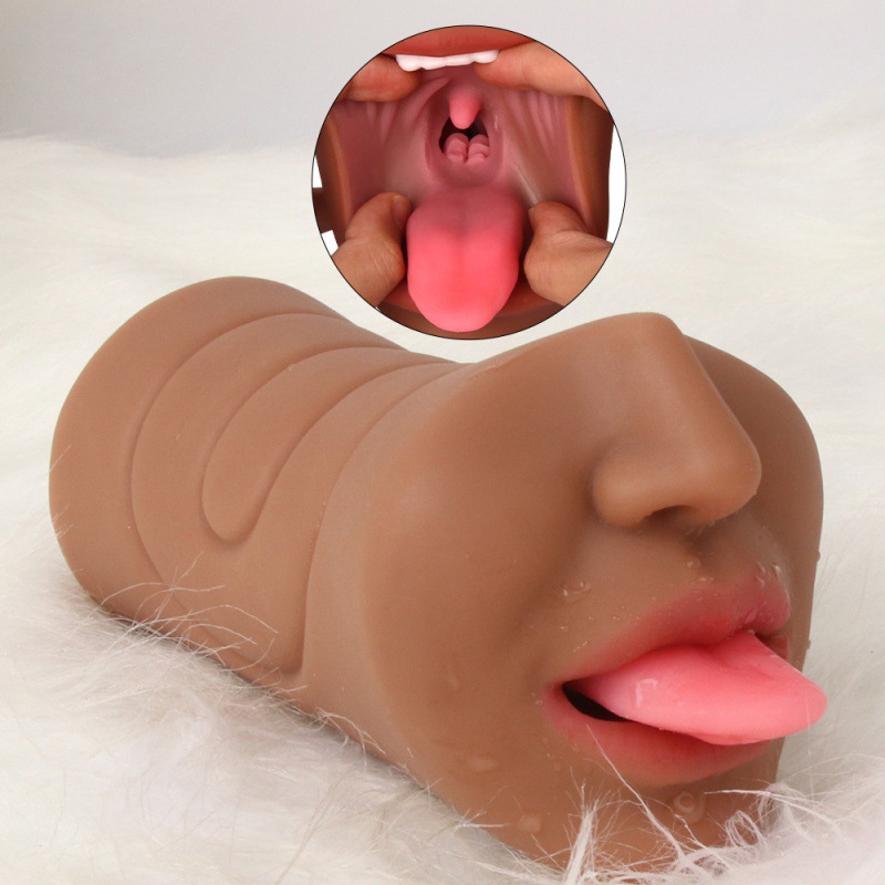 (Brown) Male Masturbator Cup Silicone Adult Sex Toys for Men Stroker Pocket Pussy Realistic Vagina Artificial Anal Mouth Deep Throat With Tongue Pussy Pocket Oral Sucking Blowjob Masturbation