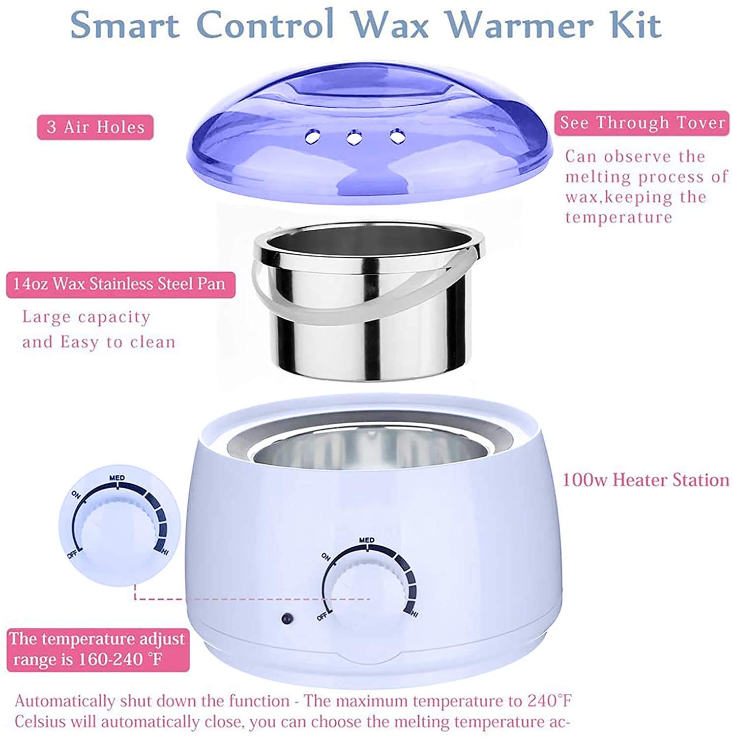 (Black) Wax Heater Electric Wax Warmer Hair Removal Kit Depilatory Epilator Wax-melt Waxing Kit Heating Machine Beauty Salon Spa Skin Care Device with Adjustable Temperature Hard Wax Beans for Hand Foot Therapy Bath