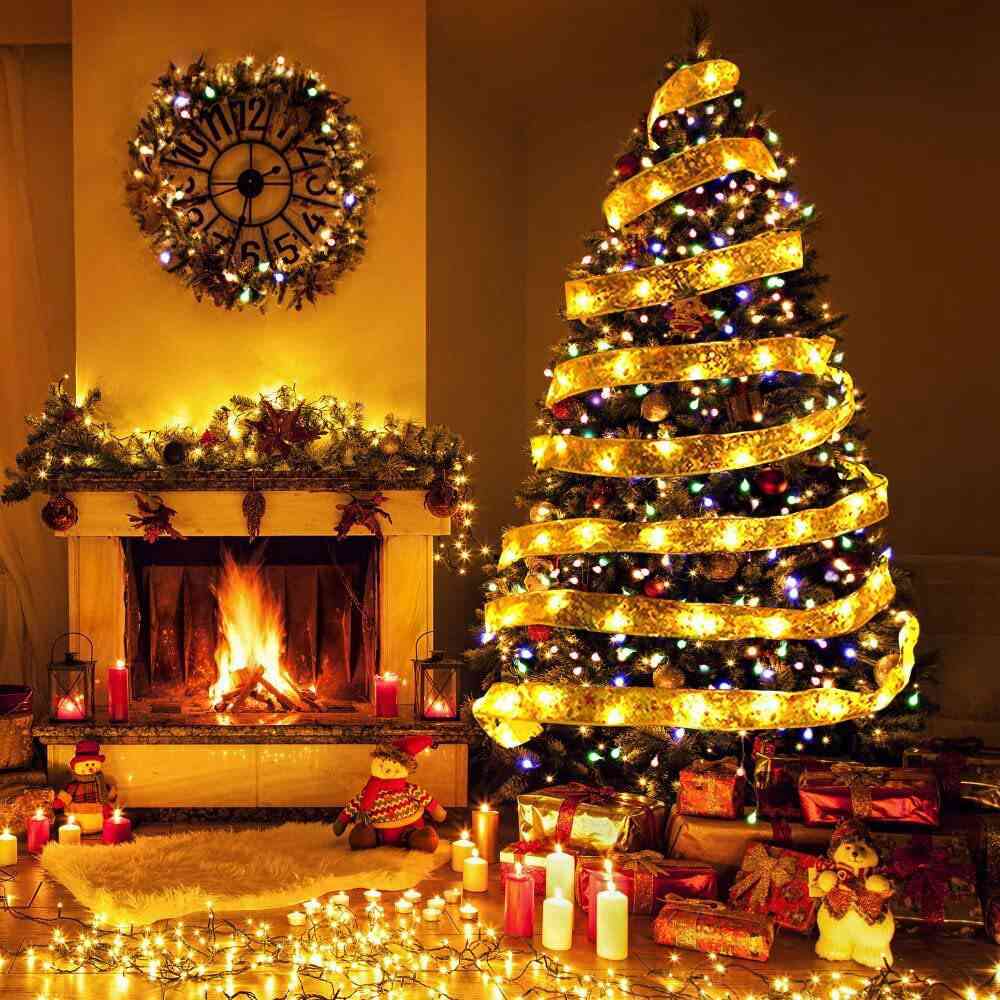 (Gold Ribbon Warm White 10M 100led) Christmas Fairy Lights Indoor Outdoor 33FT 100LED Christmas Decorations Battery Fairy Lights Ribbon String Lights Curtain Lights Christmas Tree Lights for Christmas Decorations Xmas Decor Warm White RGB