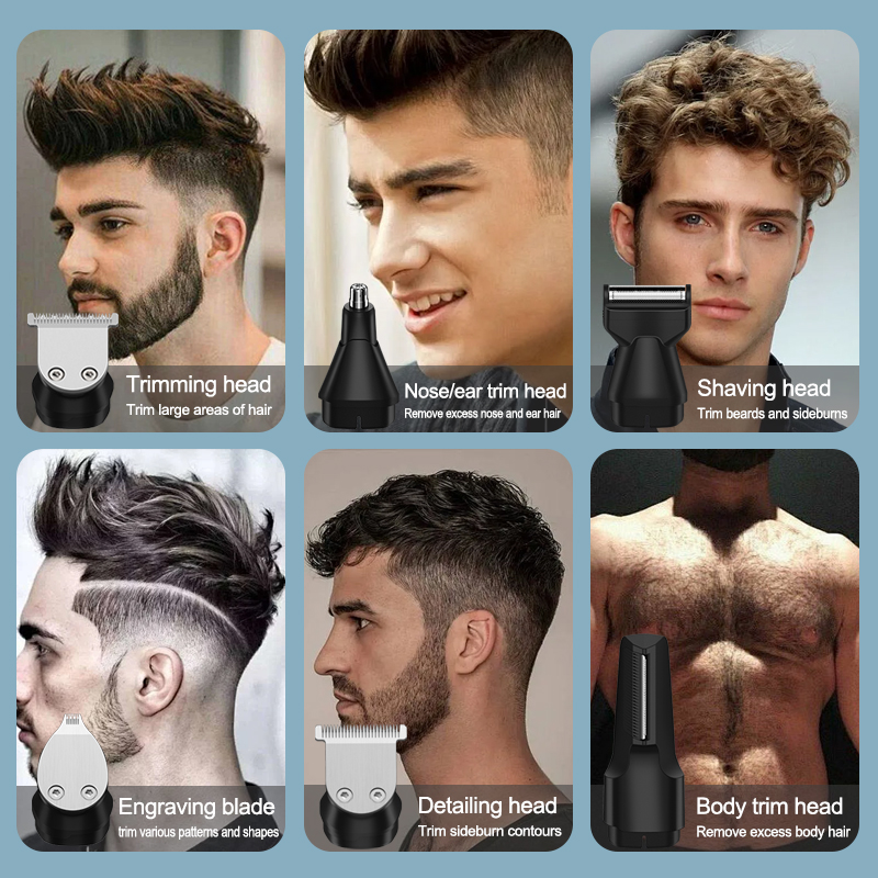 (Silver) Beard Trimmer for Men Professional Hair Clipper Electric Razor Shaving for Mustache Body Nose Ear Hair Trimmer 6 in 1 Waterproof Cordless Grooming Kit
