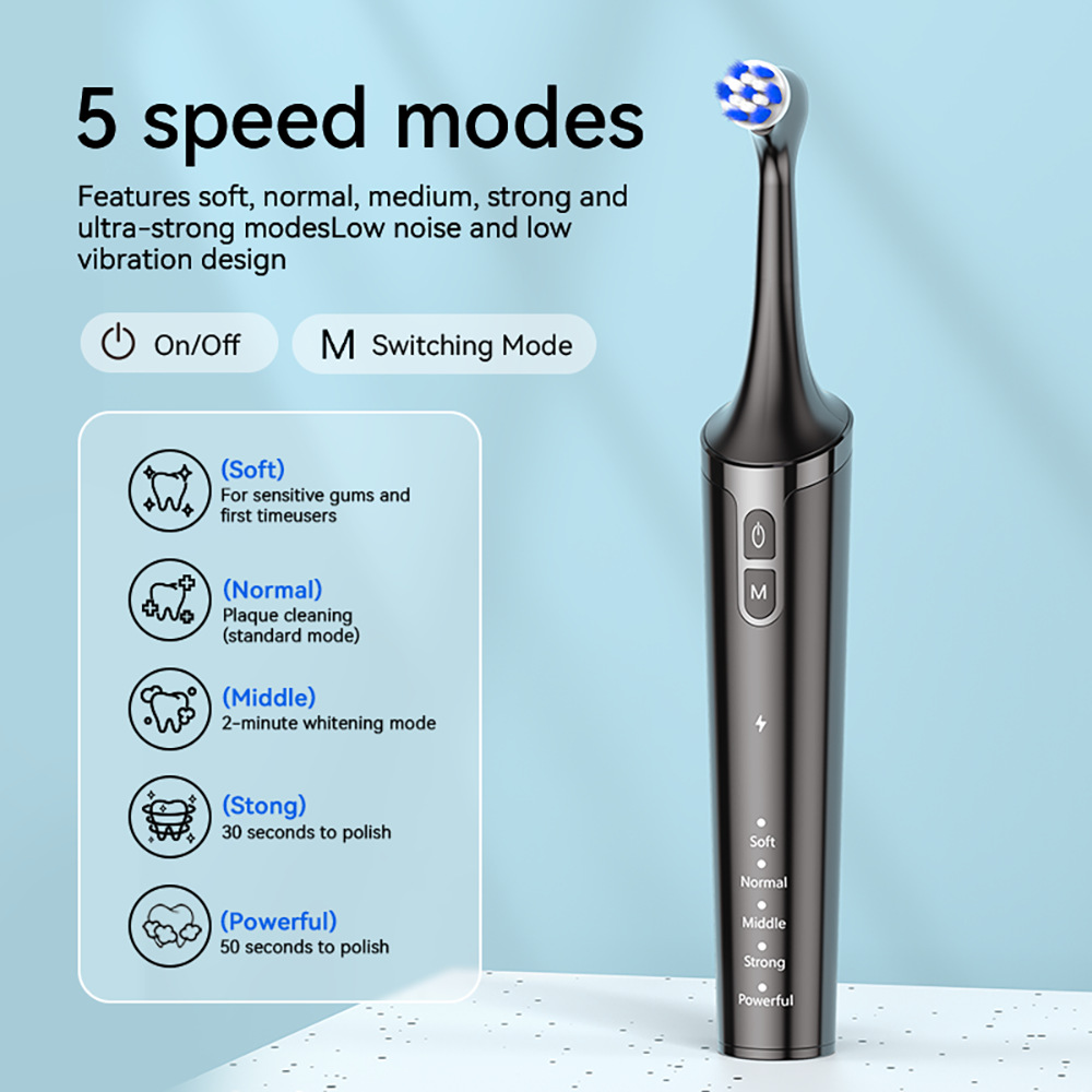Tooth Polisher Multifunctional Teeth Whitening Kit for Cleaning Plaque Removal 5 Replaceable Brush Heads Adjustable Modes IPX6 Waterproof Rechargeable