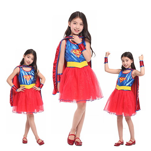 Supergirls Dress Cosplay Costumes Child Girls Super Hero Fancy Dress Shoe Covers Suit Halloween Costumes for Kids Party Dress