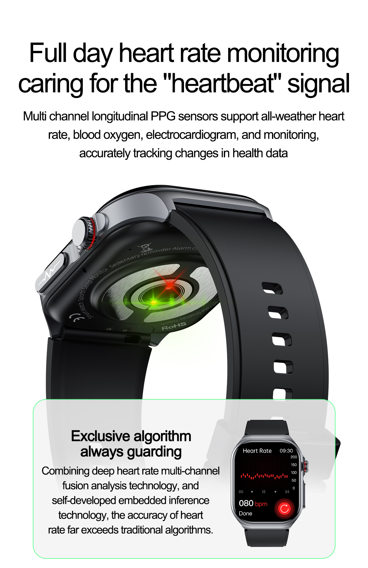 (Black Silicone) Smart Watch Uric Acid Blood Fat ECG Heart Rate Blood Pressure Blood Glucose Health Monitoring Bluetooth Smartwatch