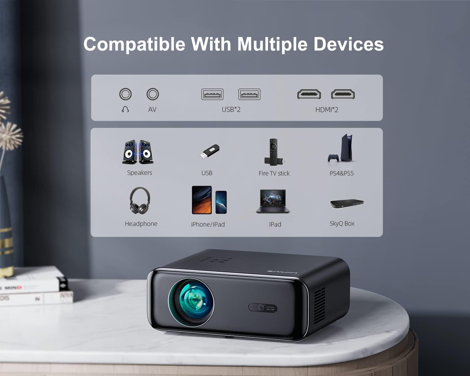 Auto Focus Keystone Projector 26000 Lumen WiFi Bluetooth Full HD 1080P Portable Projector Supported 4K 4D 4P Keystone Zoom 300 Inch Display Home Cinema Projector for Smartphone TV Stick PPT PS5