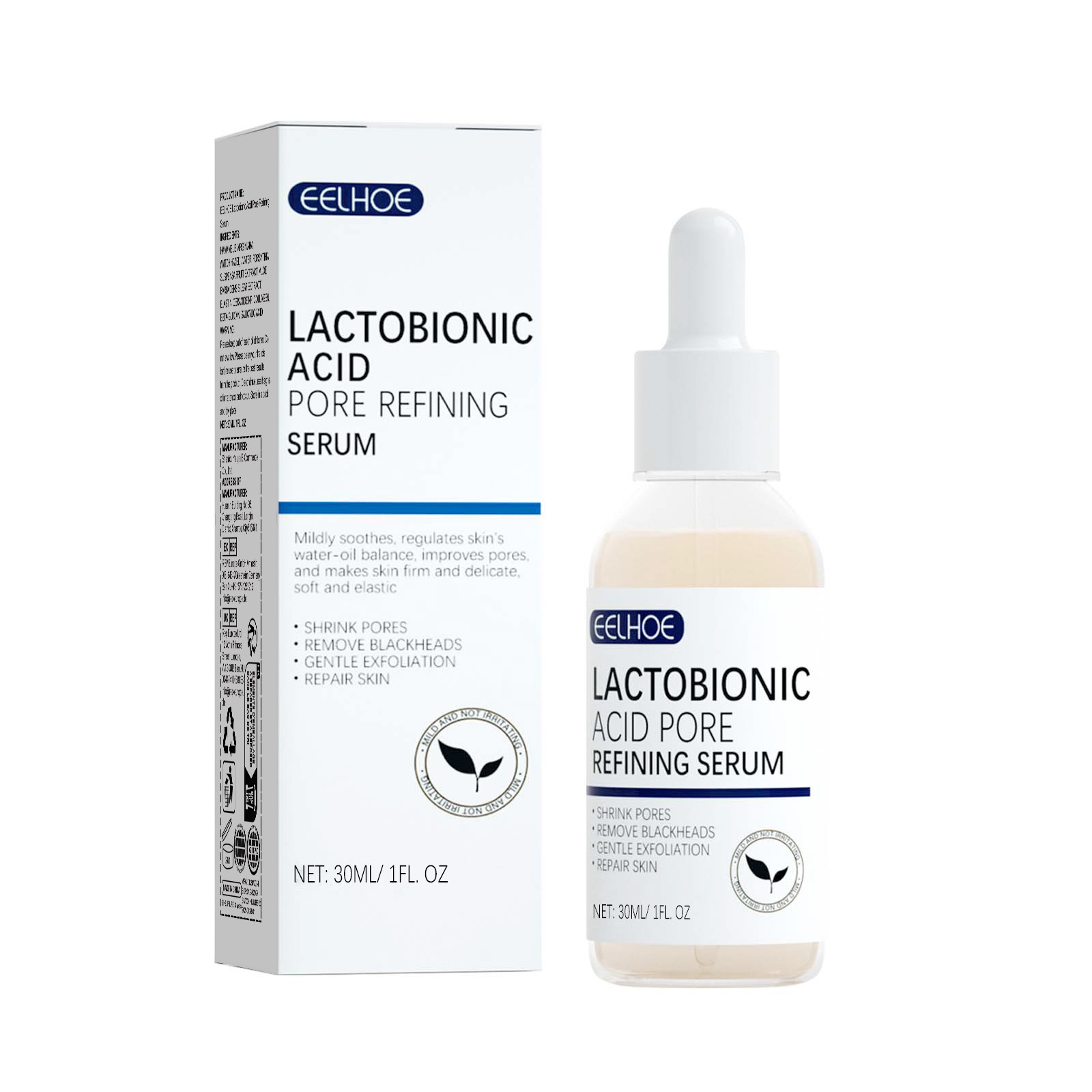 Lactobionic Acid Pore Shrink Face Serum Hyaluronic Acid Moisturizer Nourish Essence Firm Refine Skin Texture Elasticity Cleanse Blackheads Whiteheads 30ml