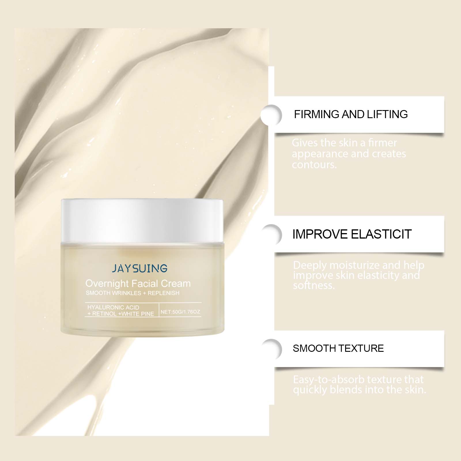 Jaysuing Pine Hydrating Night Cream Facial Care Brighten Tender Skin Nourish Hyaluronic Acid Retinol Moisturizer Skincare Restore Tighten Anti Aging Cream