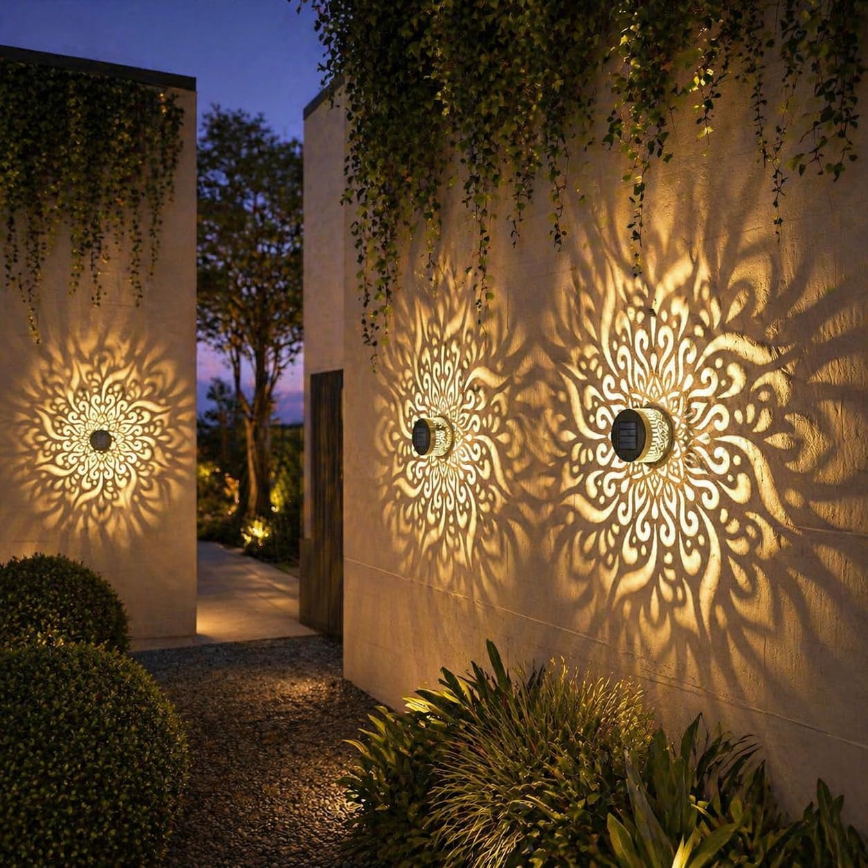 4 Pack Solar Fence Lights Mandala Pattern Solar Powered Deck Lights Waterproof Metal Wall Lights for Garden Patio Backyard Fence and Outdoor Decor