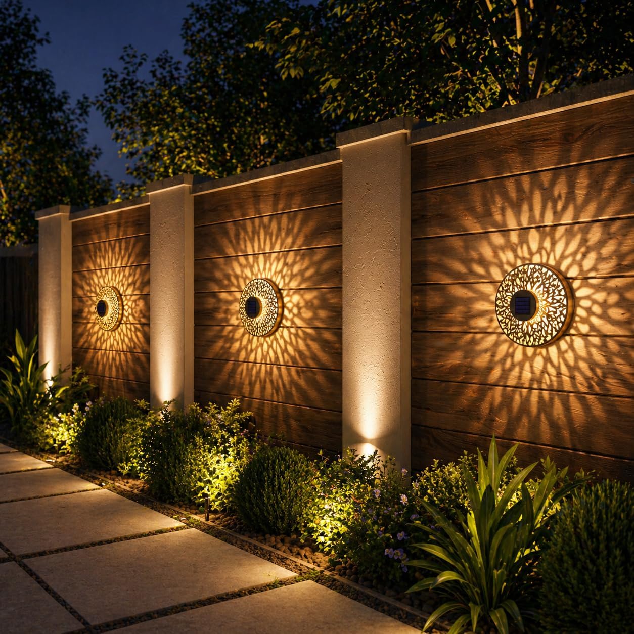 4 Pack Solar Fence Lights Mandala Pattern Solar Powered Deck Lights Waterproof Metal Wall Lights for Garden Patio Backyard Fence and Outdoor Decor