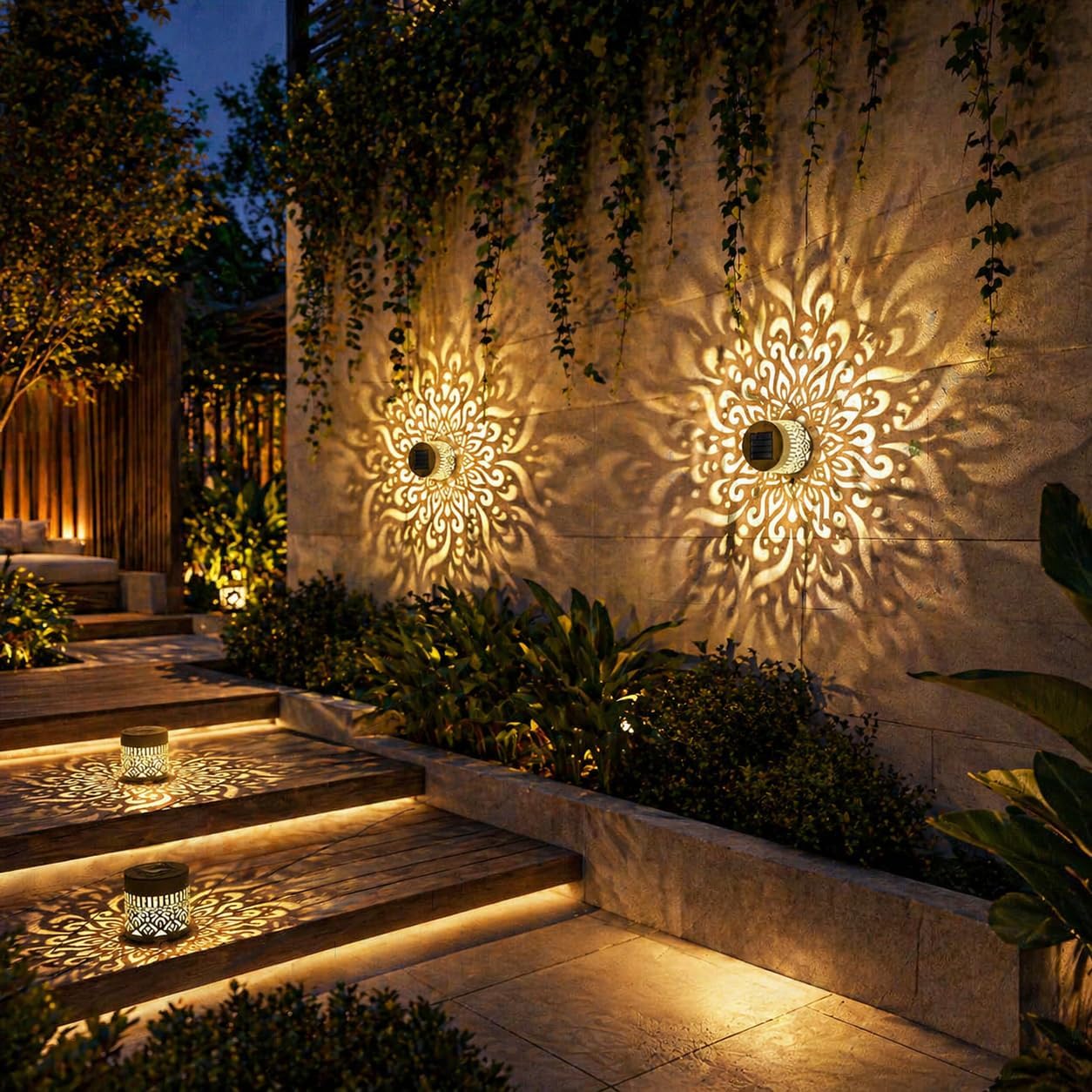 4 Pack Solar Fence Lights Mandala Pattern Solar Powered Deck Lights Waterproof Metal Wall Lights for Garden Patio Backyard Fence and Outdoor Decor
